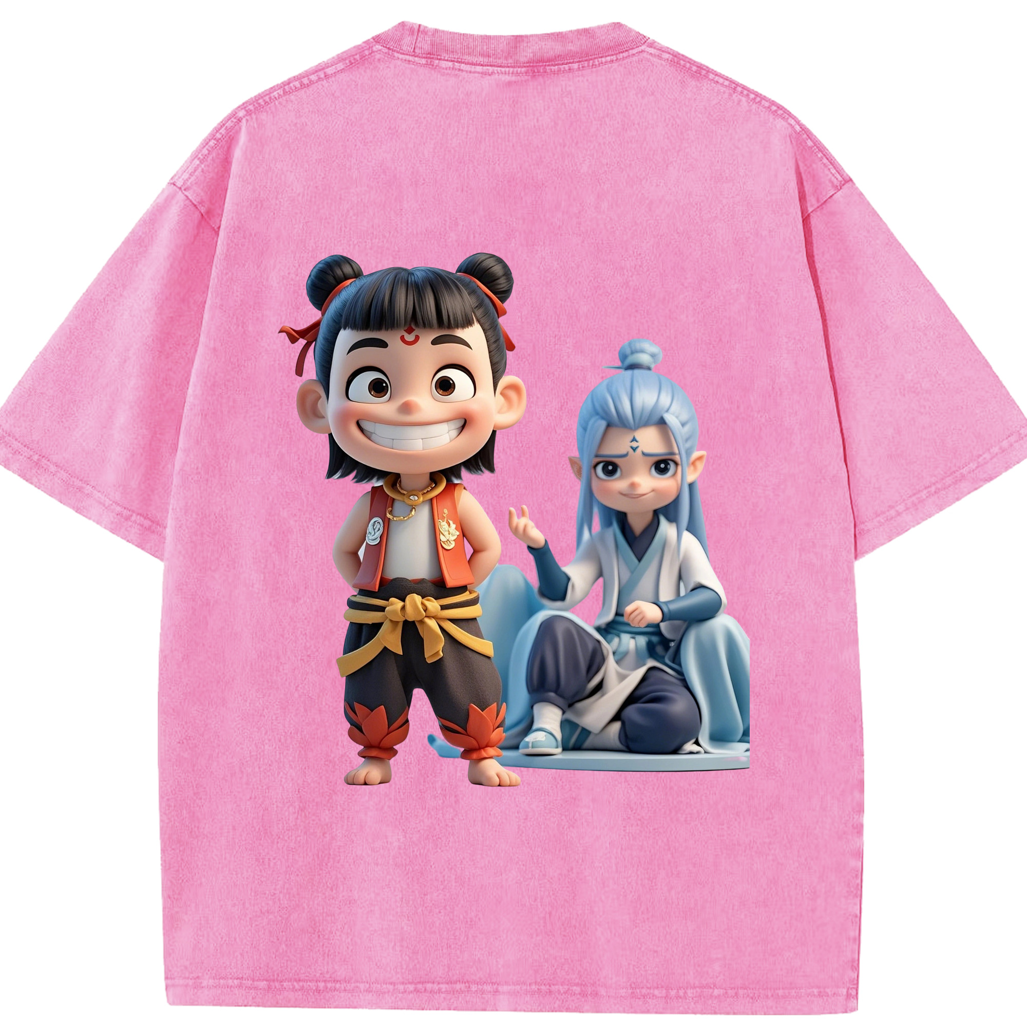 （画像用） Ne Zha 2 ナタ 魔童の大暴れ 綿100% ヴィンテージ風 半袖Tシャツ（背面プリント）
